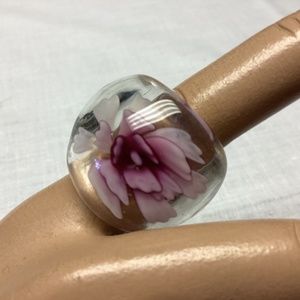 Clear Glass Ring with Pink rose inside,   EUC